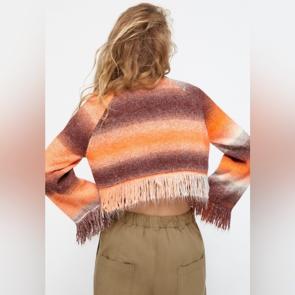 NEW Zara Brown & Orange Ombre Fringe Knit Crop Sweater Sz Small - Picture 2 of 12